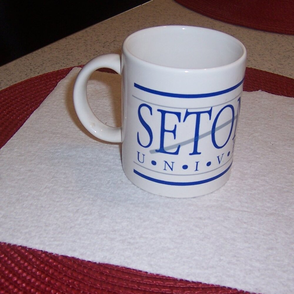 Vintage Seton Hall University Mug 8 Ounces White W/Blue Lettering